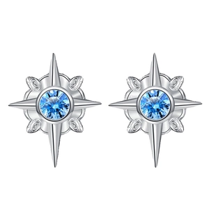 Star-shaped sapphire stud earrings with blue gemstone in polished silver setting