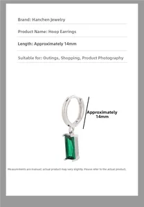 Close-up of emerald green square zircon pendant on silver hoop with 14mm size detail