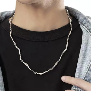 Minimalist silver wave bone chain necklace in titanium steel for men and women