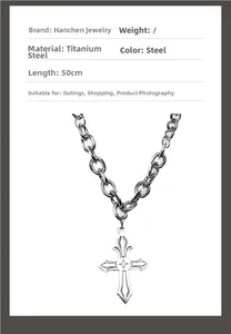 Detail of 50cm titanium steel cross pendant necklace with a silver-gray Cuban chain