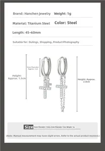 Detailspezifikationen für Kreuzohrringe aus Edelstahl mit Kette und Maßangaben in Millimeter