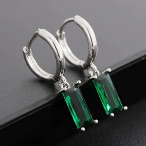 Vintage Silver Plated Peacock Green Rectangular Gemstone Huggie Hoop Earrings For Women Men Geometric Rhinestone Jewelry