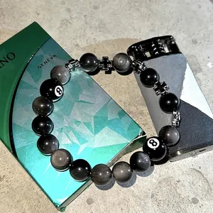 Bracelet en Perles d'Obsidienne Homme Style Urbain Billard Chiffre 8 Pendentif Croix Acier Titane Hip Hop Punk Unisexe