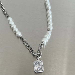 Hip Hop Edelstahl Kunstperle Spleiß Halskette Mit Rechteckigem Zirkonia Anhänger Asymmetrische Kette Für Damen Herren Schmuck