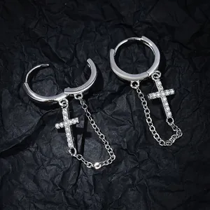 Versilberte Kreuz Ohrhänger Mit Kettenquaste Für Herren Damen Hip-Hop Strass 925 Sterling Silber Ohrstecker-Stift Ohrringe