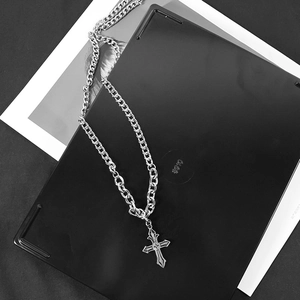 Silver gothic cross necklace with vintage engraving on a heavy cuban chain for men