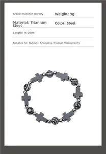 Bracelet en acier titane avec perles croix et rayures noires, longueur de 16-20 cm