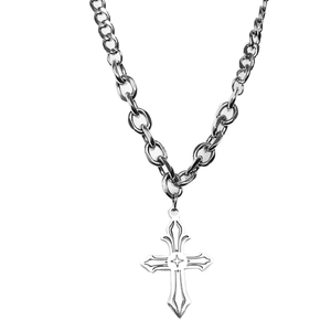 Gothic silver cross pendant with star motif on a chunky chain necklace for men and women