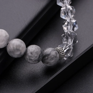 Adjustable beaded bracelet with grey marble stones and faceted crystal glass beads