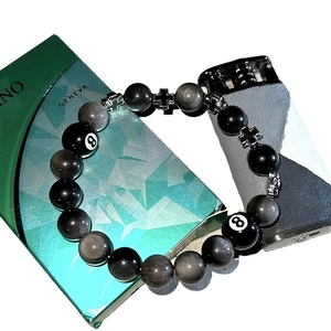 Bracelet en perles d'obsidienne avec boule de billard 8 et croix en argent unisexe