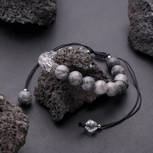 Adjustable crystal beaded bracelet with grey marble stone beads and silver spacers