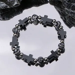 Bracelet Perles Croix Gothique Hommes Femmes Alliage Hip Hop Style Sombre Accessoire Polyvalent Motif Noir Blanc Bijoux Cadeau