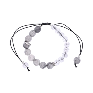 Adjustable marble and faceted crystal beaded bracelet with silver metal charms for men