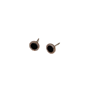 Minimalist round stud earrings with black enamel center and white zircon stones