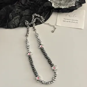 Collier Perlé en Hématite Œil de Monstre Punk Gothique Pierre Noire Alliage Pendentif Collier Pour Hommes Femmes Bijoux