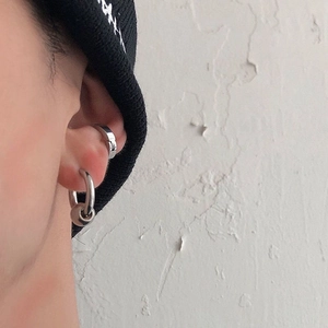 Minimalist silver hoop earring with ball pendant and polished ear cuff for men