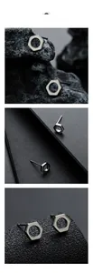 Macro detail of silver hexagonal nut stud earrings on textured black backgrounds