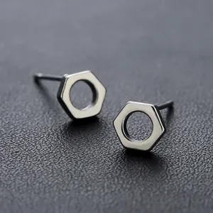 Minimalist Copper Hex Nut Hollow Out Stud Earrings For Men Women Industrial Style Electroplated Hip Hop Jewelry Earrings