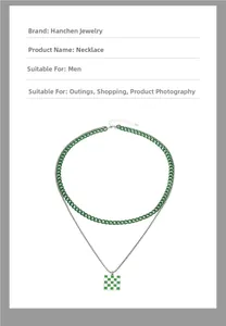 Detail of double-layer green Cuban chain necklace with checkerboard square pendant