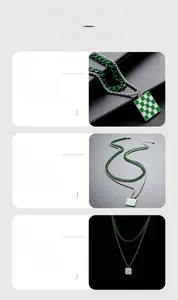 Macro detail of double-layer necklace with green checkerboard square pendant and plating