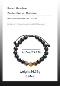 Adjustable tiger eye beaded bracelet featuring black stones and woven cord detail