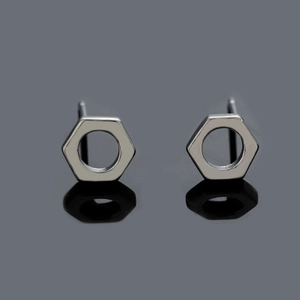Industrial style hexagonal nut stud earrings in polished silver stainless steel