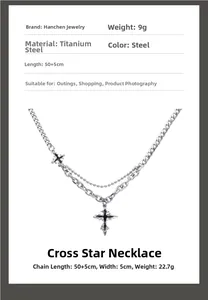 Detail of titanium steel layered necklace with cross pendant and adjustable chain length
