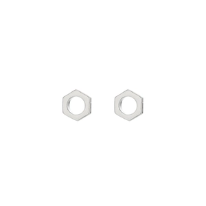 Pair of industrial style silver hexagonal nut stud earrings on a clean white background