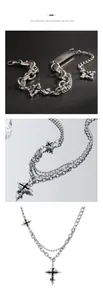 Detailed view of layered silver punk necklaces featuring thorned cross pendants
