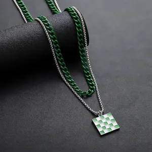 Layered Titanium Steel Necklace Green White Checkerboard Square Pendant Dual Chain For Men Women Street Fashion Jewelry