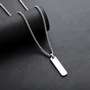 Minimalist Titanium Steel Geometric Rectangular Pendant Necklace For Men Women Silver Tone Polished Box Chain Fashion Jewelry