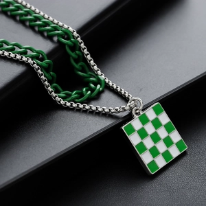 Green checkered pendant double layer street style necklace for men and women