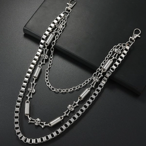 Punk silver multi-layer metal waist chain for jeans with skull charms and lobster clasps