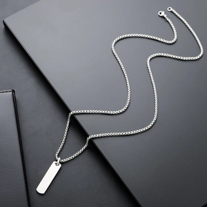 Minimalist silver stainless steel necklace with geometric square bar pendant on box chain