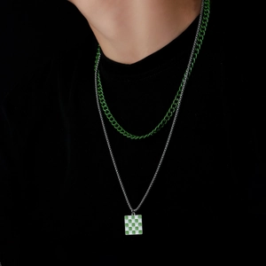 Double-layered necklace set for men with green chain and checkered square pendant