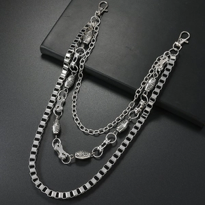 Three-layer silver punk hip-hop waist chain with owl charms and carabiners for men
