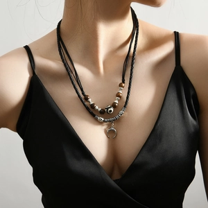 Vintage Ethnic Handmade Artificial Leather Necklace With Wooden Beads Alloy Moon Pendant Multi Layer Sweater Chain For Women