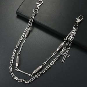 Punk silver double layered trousers chain with metal cross pendant and lobster clasps