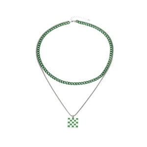 Double-layered necklace with green curb chain and silver square checkerboard pendant