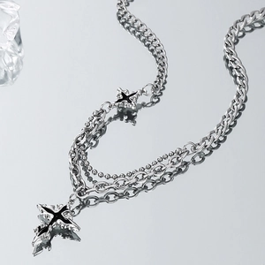 Hip hop silver multilayer cross necklace with Cuban chain and dark gothic pendants