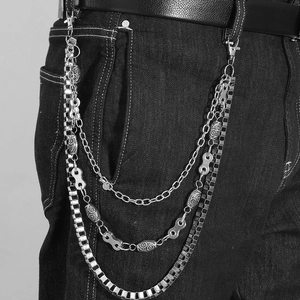 Punk multi-layer silver metal pants chain with checkerboard links and owl beads