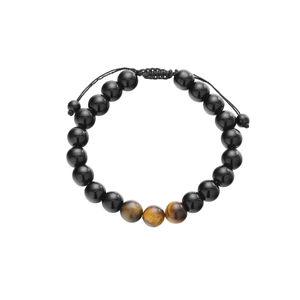 Adjustable woven tiger eye bead bracelet featuring black beads and a handcrafted design