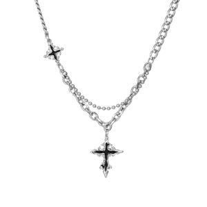 Gothic silver cross pendant necklace with trendy mixed metal chains for punk style