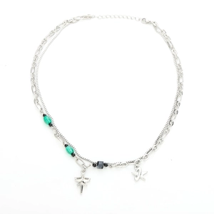 Collier double couche en acier titane argenté avec pendentifs étoiles et perles