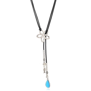 Collier rétro fleur avec pendentif goutte bleue et gland pour femme chaîne de pull