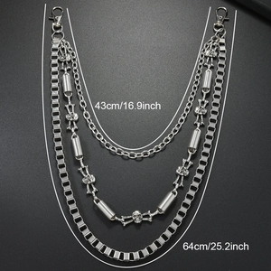 Three-layer silver punk hip-hop waist chain with skull charms and lobster clasps