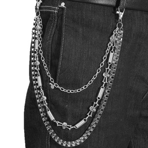 Punk multilayer silver metal pant chain with skull charms and checkered pattern chains