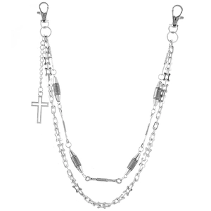 Three-layer silver punk hip-hop waist chain with cross pendant and metal lobster clasps