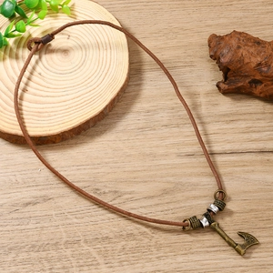 Vintage Nordic Viking axe pendant with brown leather cord and antique bronze finish