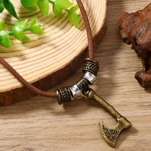 Vintage Viking axe pendant on brown leather cord necklace with engraved metal beads